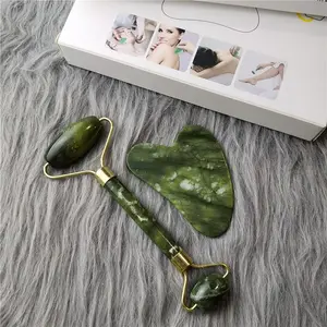 Natural Jade Stone Gua Sha & Roller, 2pcs/box Face Massage Tool, Professional Facial Massage Tool for Skin Care, Skin Relaxing Tool, Facial Wand, Facial Care Instrument