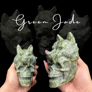 Green Jade Wolf Carving - Skull and Wolf Carving - Light Jade Skull Carving