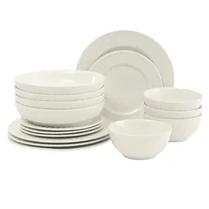 Gibson Home Melbourne White Plates and Bowls Set, 16 Piece Embossed Ceramic Dinnerware Set - Service for 4 Dishes - With Pasta Bowl