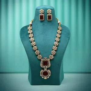 Sparkling AD Long Mala Necklace Featuring Moonstone and Mozanite Stones in Maroon Color with Unique Design and Elegant Finish