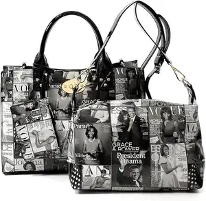 Glossy magazine cover collage satchel crossbody bag purses Michelle Obama handbag 3-in-1 bag