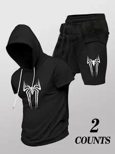 Men's 2 Piece Spider-Man Short Sleeve Hoodie & Shorts Set, Athletic Streetwear Tracksuit for Workout/Casual, Trendy #CityTrek Athleisure Outfit with Graphic Print, Breathable Lightweight