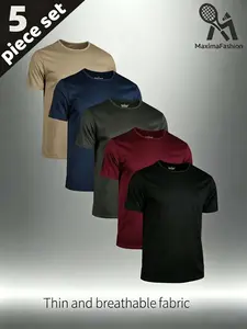 5-Pack Men's Quick-Dry Breathable Sweat Wicking Short Sleeve T-Shirts, Lightweight Fabric, Round Neck, Casual Summer Top, Ideal for Running, Fitness, Gifts