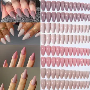96pcs Box Long Almond Nails Autumn Winter Glossy Finish Acrylic Tips Short Fake Nails with Storage Box for Women Girls Daily Use