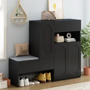 Elegant 2-in-1 Shoe Cabinets with Soft Cushion, Modern Storage Bench with Arched Doors & Rebound Devices, Versatile Shoe Rack Organizer with Adjustable Shelves for Hallway, Living Room, Black