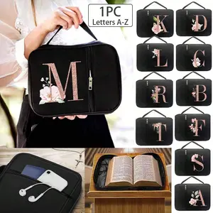 Bible Bag A-Z Letters, Bible Storage Bag with Zipper and Pockets, Standard Size Bible Cover, Floral Pattern, Handle, Adult Women Men, Book