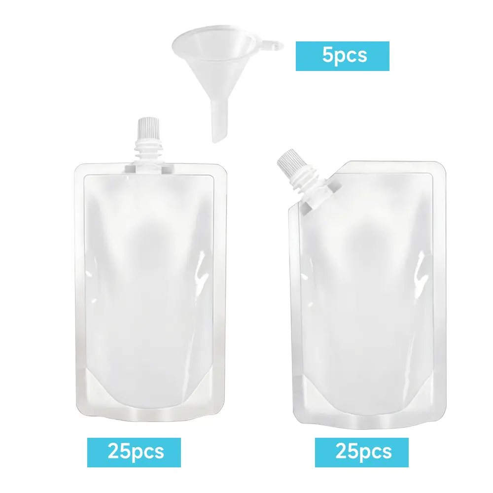 50 Pieces Reusable Plastic Flasks for Liquid, 8 Oz Drink Pouches, Collapsible Portable Containers for Concerts & Festivals, Hot & Freezer Safe, BPA-Free, Food-Grade, 8oz with Funnels
