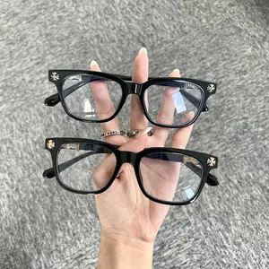 Trendy Cross Ornament Black Square Glasses, Gothic Y2K Style Anti Blue Light Eyewear Daily Decor Spectacles