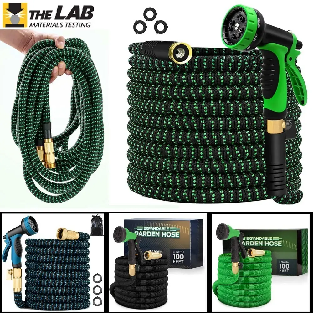 THE LAB 100FT Deluxe Expandable Flexible Garden Hose with 10 Spray Patterns & Ergonomic Handle for Multiple Uses