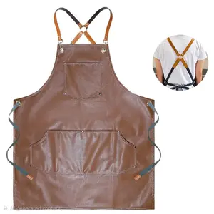 Leather Apron with Multiple Pockets for Kitchen & Workshop Use Brown Faux Leather Cross-Back Straps