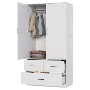 70" freestanding wooden wardrobe closet, tall bedroom armoire with hanging rod and 3 deep storage drawers, clothes organizer cabinet, black