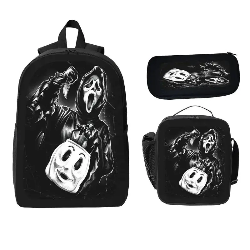 3-Piece Ghost Face School Backpack Set for Men Women, Lightweight Horror Aesthetic Youth Backpack with Lunch Bag, Pencil Case & Laptop Compartment, School Backpacks