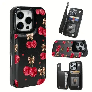 Simple and Stylish Cherry Leopard Print Bowknot Design Pattern Leather Card Holder Phone Case,for iPhone 17 Pro Max Phone Case 17 Air 16 15 Plus 14 13 12 , Samsung Galaxy S25 ULTRA FE Plus S22 S23 FE S24 Plus