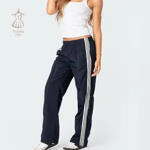 Women Side Striped Pants Elastic Waist Straight Leg Sweatpants with Pockets Casual Sports Trousers