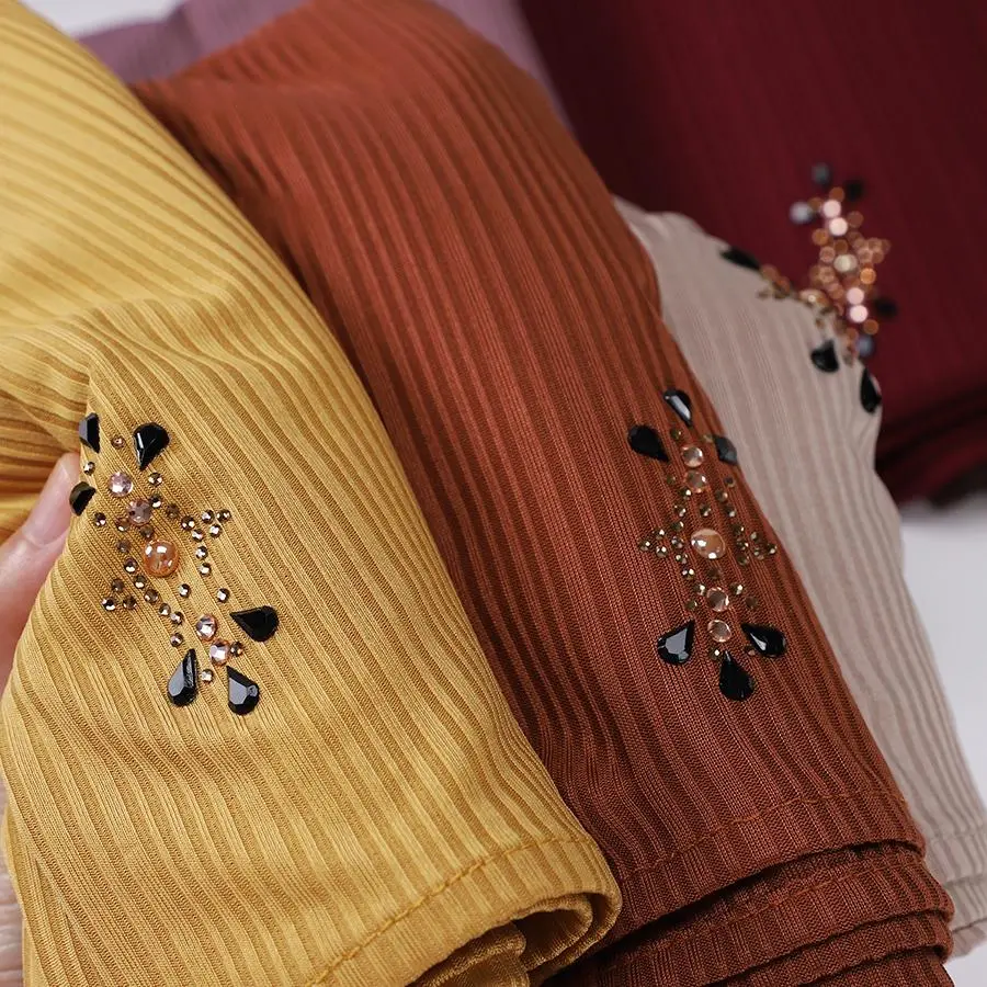 Fashion Ribbed Jersey Hijab Muslim Plain Scarf Crepe Rhinestone Hijab Soft Islamic Shawls Wraps Headband for Women