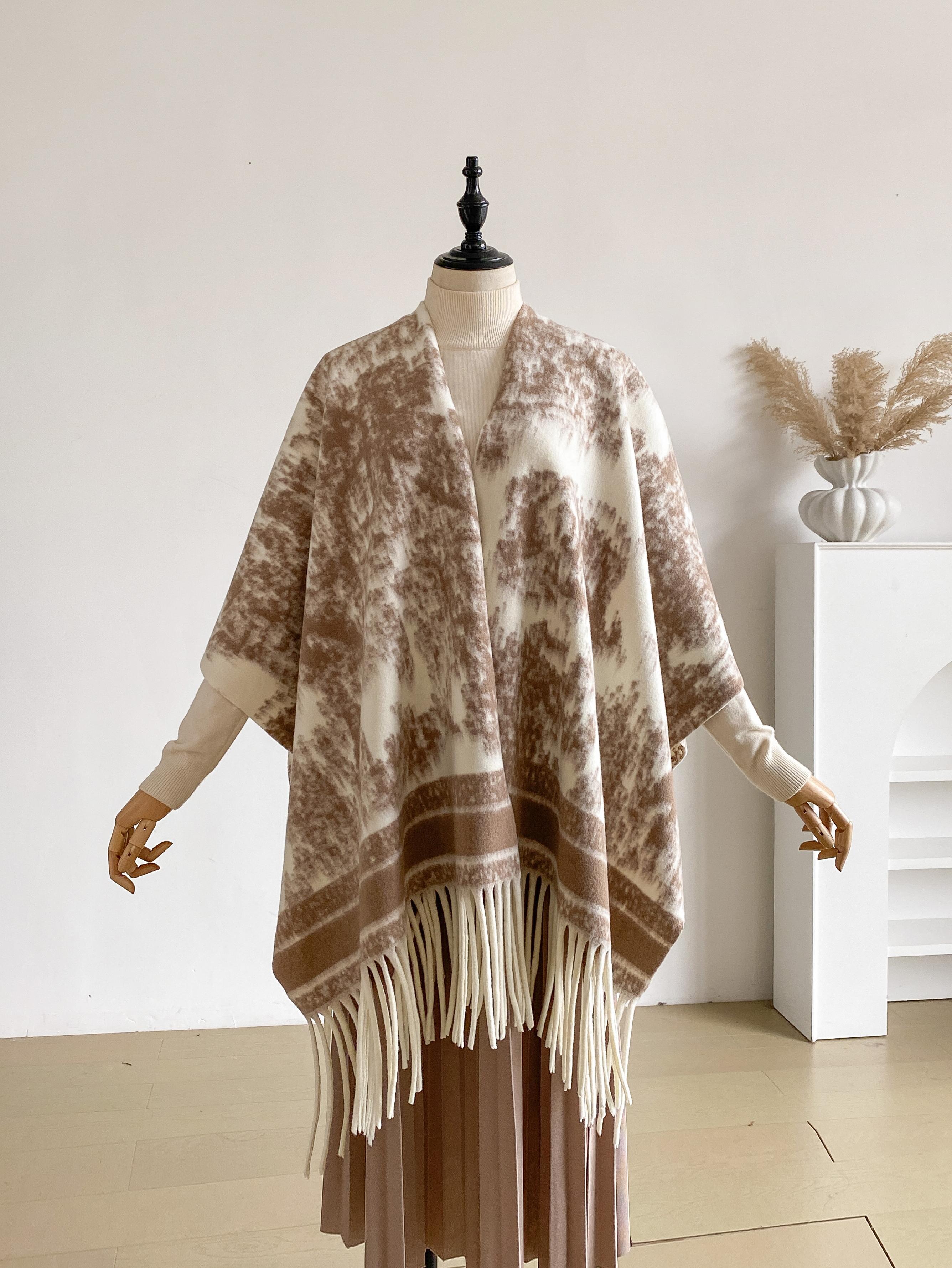 Women Plaid Check Reversible Poncho Shawl Open Front Tassel Fringe Cape Soft Warm Layering Wrap For Dresses Abayas