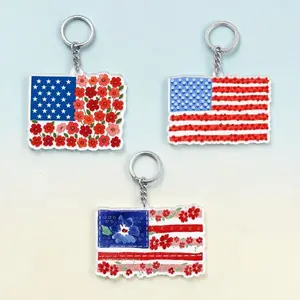 Floral American Flag Acrylic Keychain 2 Side, Patriotic USA Key Ring, Red White Blue Flower Flag Bag Charm, Cute 4th of July Gift Accessory