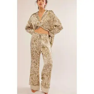 Women Floral Silky Pyjamas Set Button Down Shirt Wide Leg Pants 2 count Satin Pjs Lounge Outfits Sleepwear