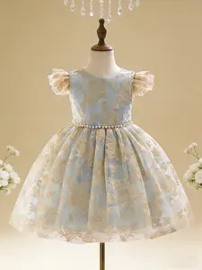 Girls' Princess Dress, Sweet Puffy Gold Embroidered Floral Lace Party Gown, Fitted A-Line Skirt, Elegant Birthday Gift