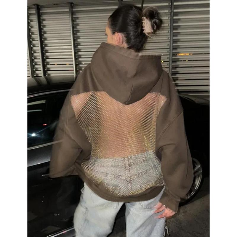 Women Mesh Back See Through Hoodies Sweatshirts Long Sleeve Sequin Fishnet Sheer Back Pullover Backless Jumper Top with Pocket Women Mesh Back See Through Hoodies Sweatshirts Long Sleeve Sequin Fishnet Sheer Back Pullover Backless Jumper Top with Pocket
