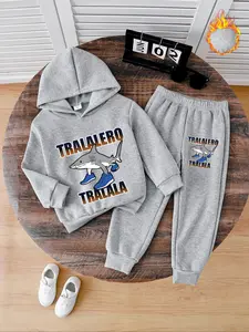 Boys' Fashion Casual Fall Winter Hoodie Set, Shark Print Fleece Sweatshirt & Jogger Pants, Warm Thick Comfortable