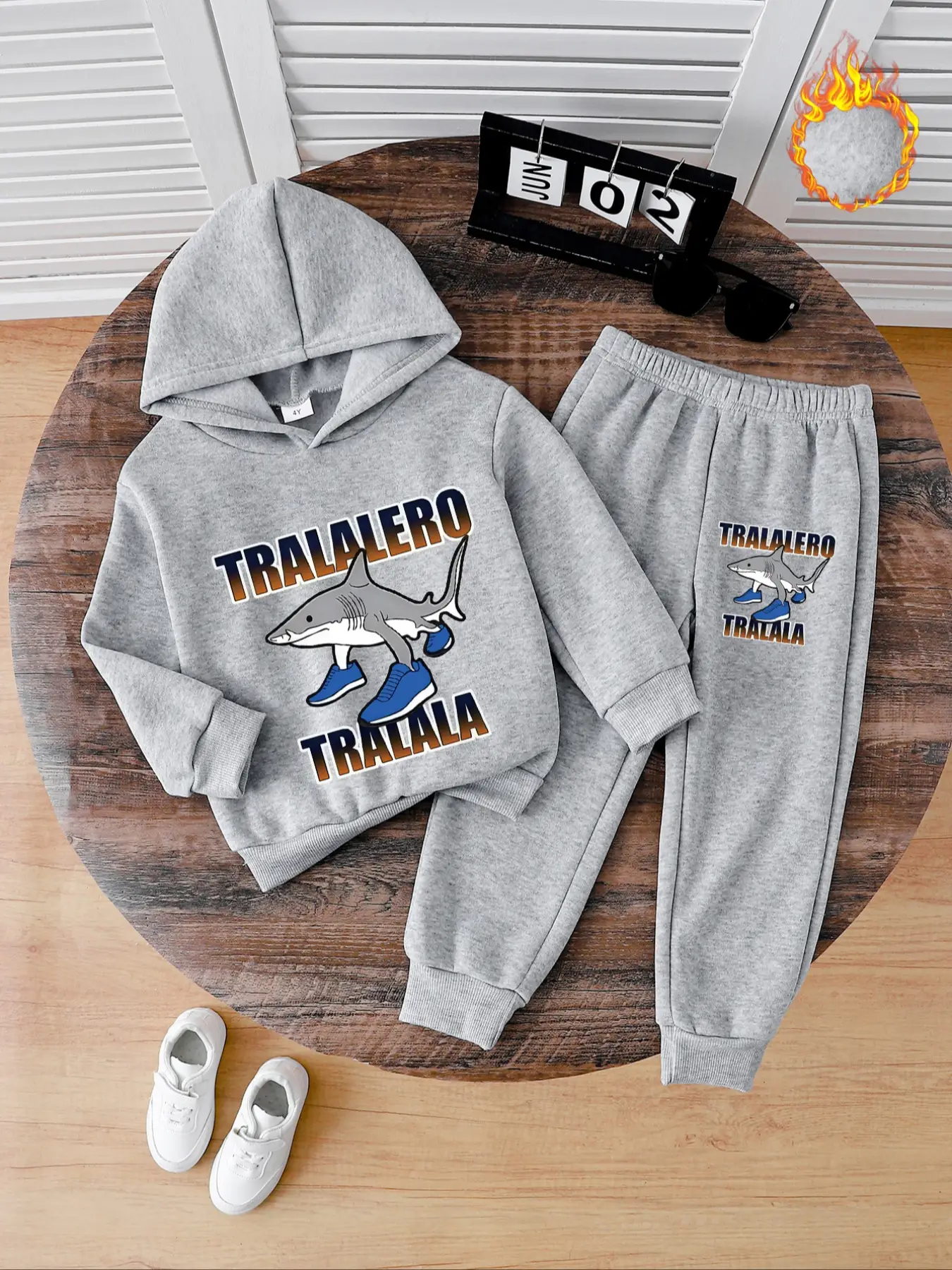 Boys' Fashion Casual Fall Winter Hoodie Set, Shark Print Fleece Sweatshirt & Jogger Pants, Warm Thick Comfortable