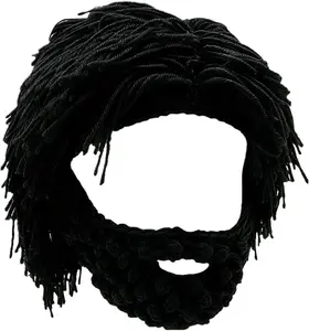 Adult Beard Viking Knit Hat Barbarian Beanie Cap Handmade Knitted Funny Skull Cap Hat Wig