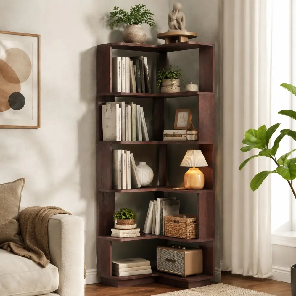 Littleox 6 Tier Freestanding L-Shaped Corner Bookshelf For Living Room, Bedroom, Wooden Bookcase with anti-drop panle and anti tipping device, Display shelf Open storage rack Organizer for Home Office DARK RED