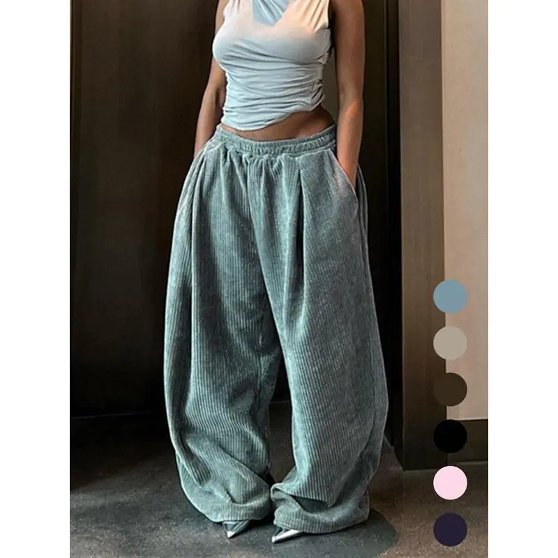 Women's Casual Solid Trousers, Elegant High-Waist Wide-Leg Fit with Drawstring, Pockets, and Elastane for All Seasons, Pants, All Seasons Choice