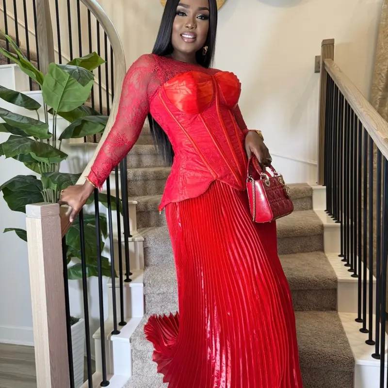 Reme 2 Piece Ser Red Lace Maxi Dress with Long Sleeves and Pleated Skirt  for Formal Events - TikTok Shop