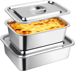 2 Pack Stainless Steel Baking Pans with Lid, 4 Inch Deep Lasagna Pan, 7.4QT+5.1QT Large Rectangle Roasting Pan Baking Sheet, Baking Dish Pan for Oven