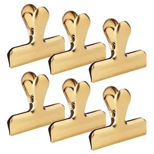 6pc-3 Inch Wide Stainless Steel Paper Clamps Heavy Duty Food Bag Clamp,Seal Clip, Chip Clips Metal Hinge Clip File Clamps for Kitchen&Office (Gold)