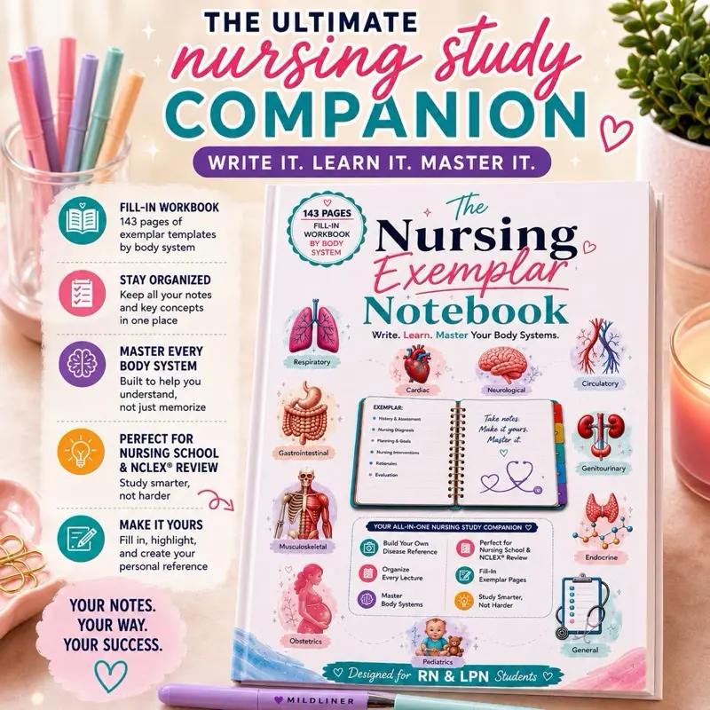 Nursing Student Study Workbook | Fill-In Exemplar Notebook for RN & LPN Students: A Guided Nursing Workbook for Organized Notes, Clinical Success & NCLEX Prep.