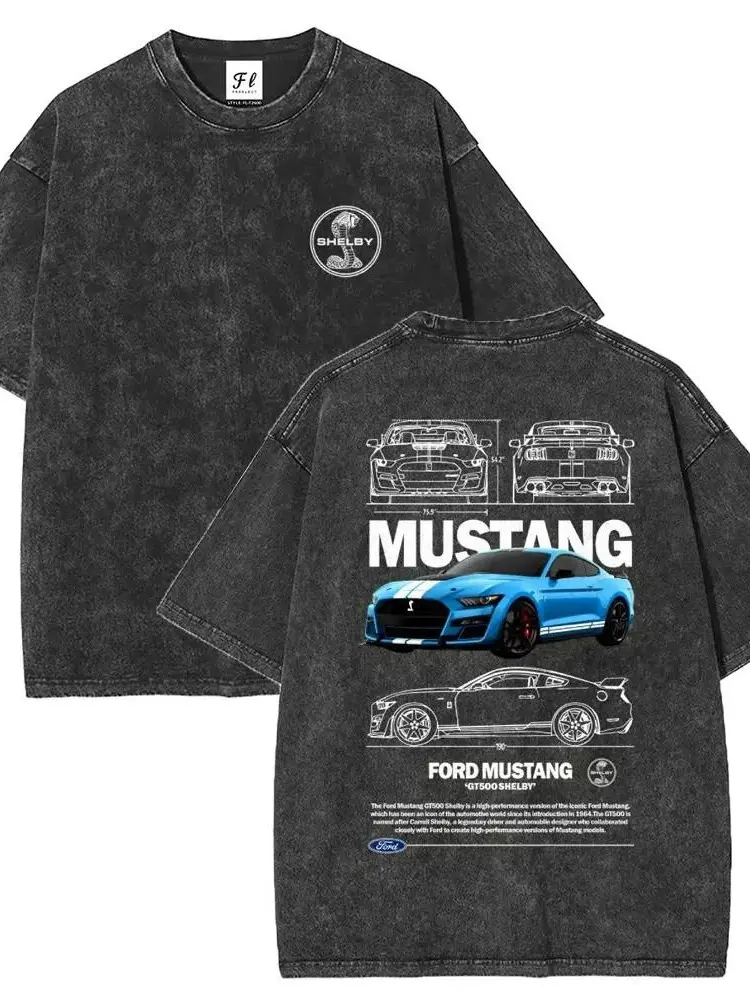 Men's Vintage Washed Mustang GT500 Graphic T-Shirt - Menswear Round Neck Oversized Short-Sleeve Casual Cotton Top, Super Soft Pre-Shrunk Retro Muscle Car Streetwear, High Contrast Print True Original Colors Unisex Tee, Vintage Graphic Tees, Retro Chic