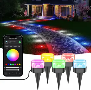 Brizled Smart RGBCW Color Changing Outdoor Ground Lights, 50FT 130LM 15 Pack Red White Blue LED Pathway Lights, App/Voice Control Landscape Lighting for Independence Day Christmas Garden Yard Walkway