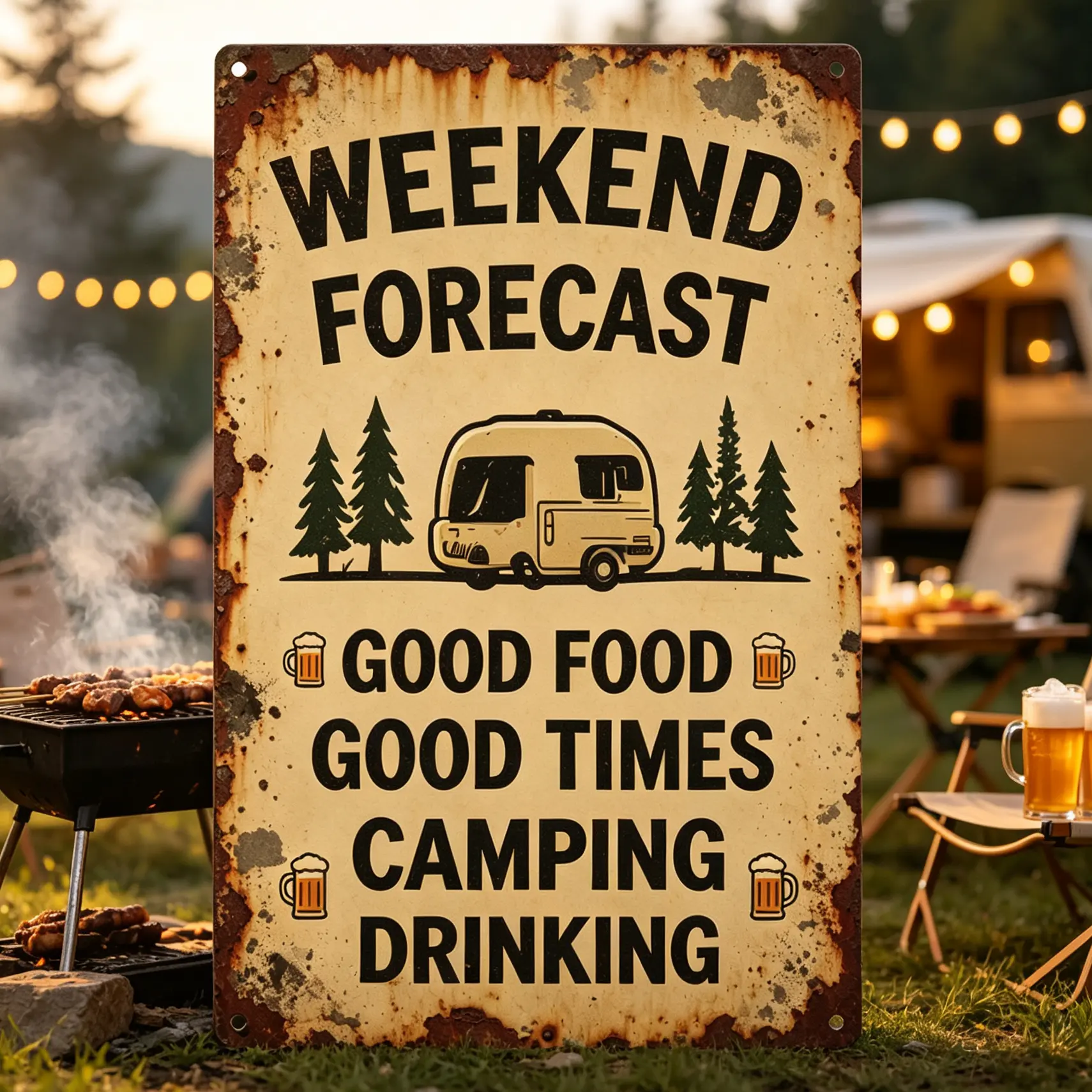 Weekend Forecast Good Food Good Times Camping Drinking Vintage Metal Tin Sign 8x12 Inch Retro Camping Backyard Patio Metal Wall Decor