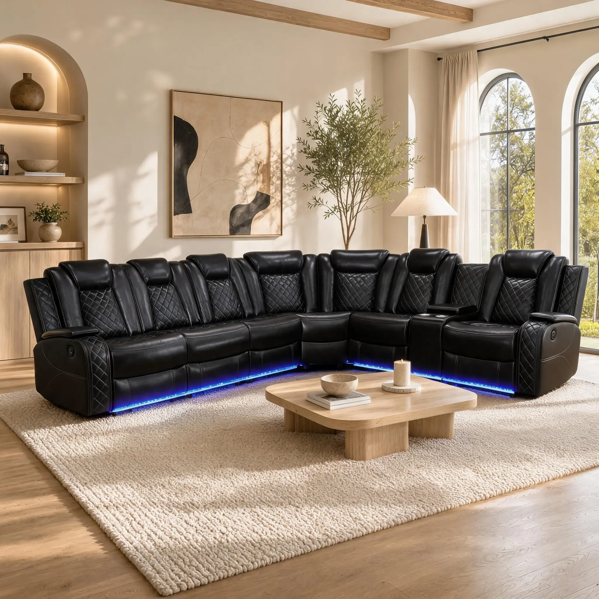 Black Breathing Leather 3-Piece Living Room Recliner Sofa with Adjustable Headrests & USB Charging Ports for Comfort & Convenience Luxury LED Set storage console, Living Room Furniture, Modern Comfy Couch
