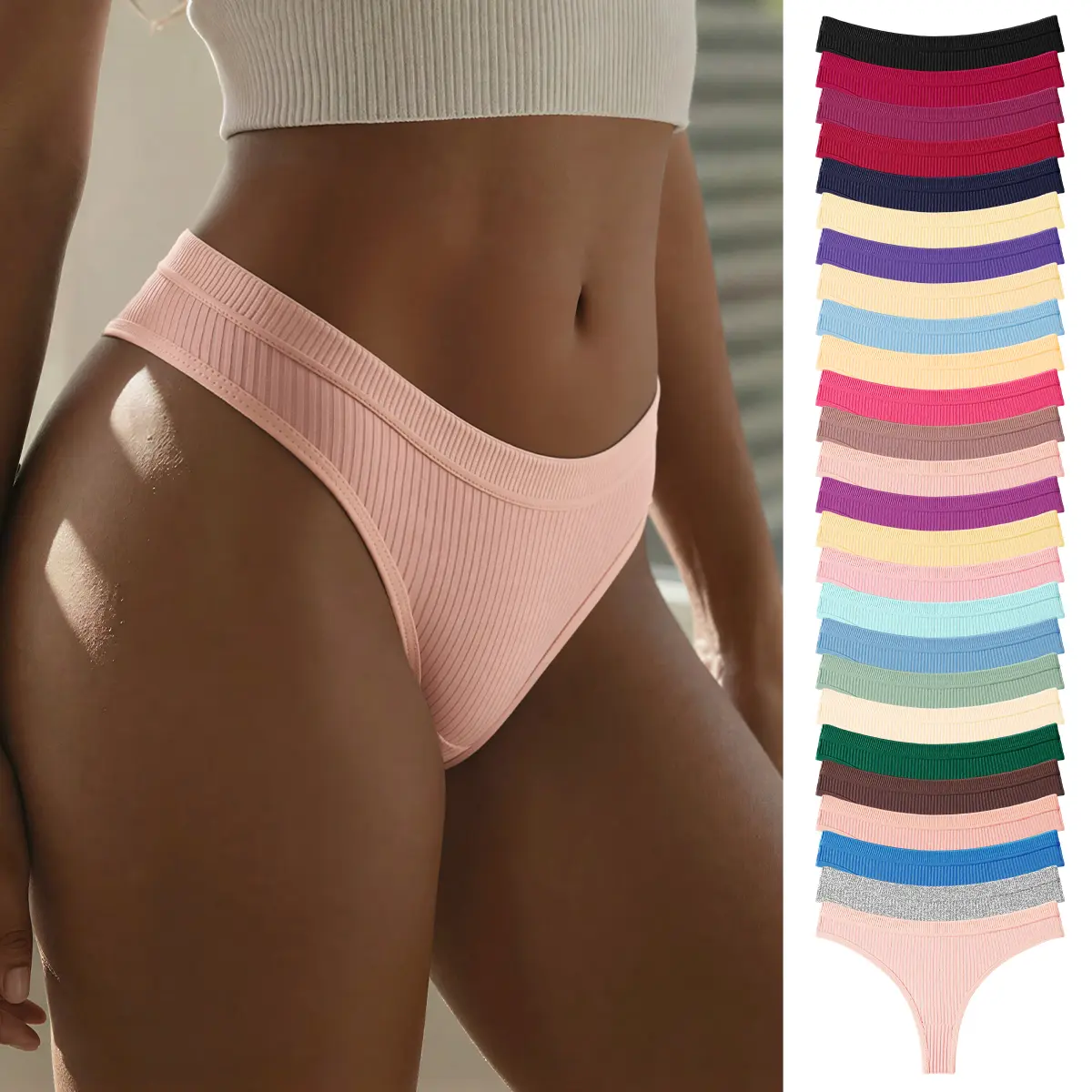 Hotcom Women's Seamless Cotton Thongs - 7/10/14 Packs, Low Waist Bikini Panties, Soft Stretchy Breathable Fabric, Fit, Style, Basic, Sexy, Ideal for Beach, Thanksgiving, Chinese New Year, Easter, Ladies, Cotton Underwear
