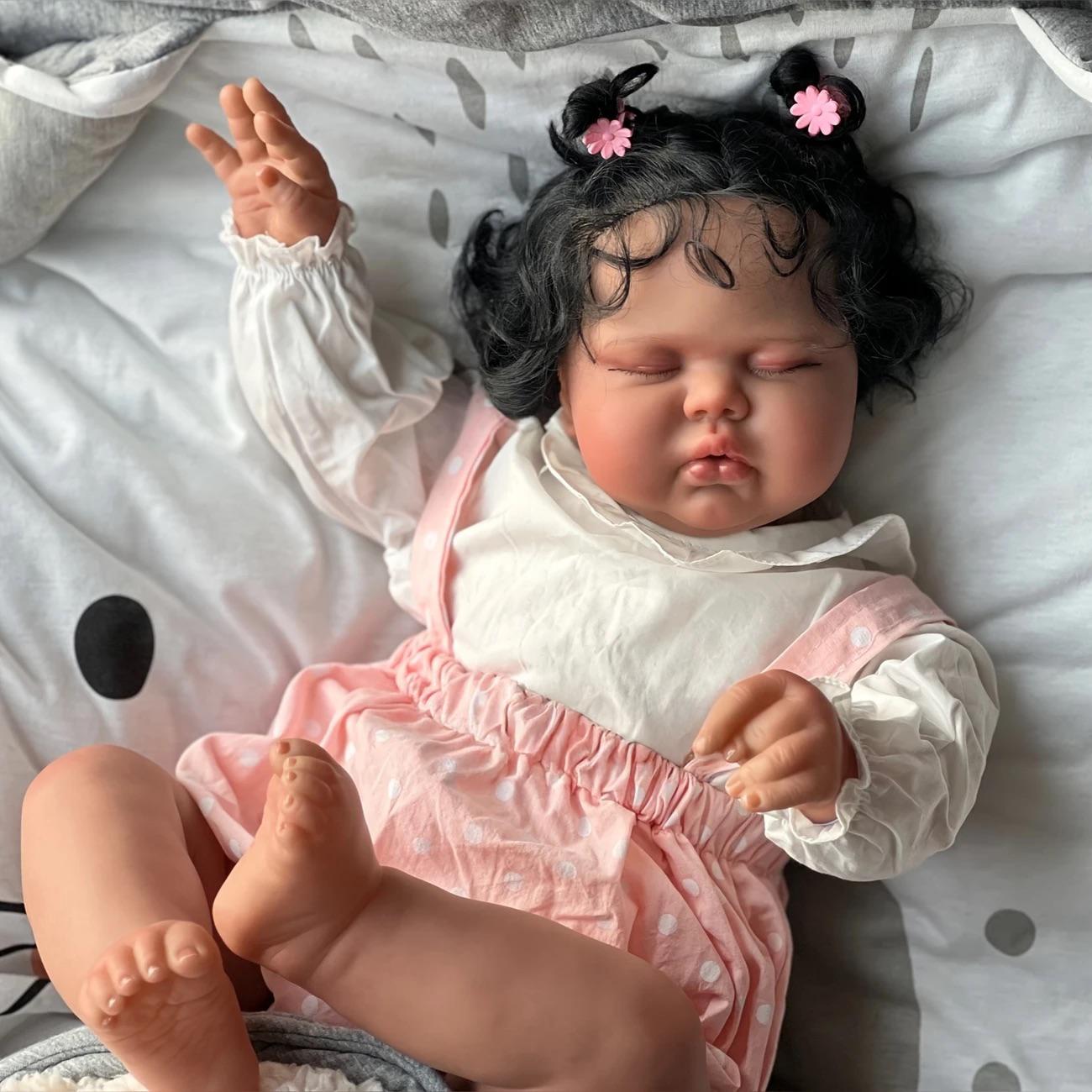 Reborn Baby Doll 19 Inch Afro Newborn Babydolls Lifelike Soft Cloth Body Cuddy Face Rooted Curly Black Hair with Feeding Set Birthday Gift For Kids 3+