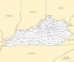 Map of Kentucky KY - County Map with selected Cities and Towns - Peel and Stick Wall Decal
