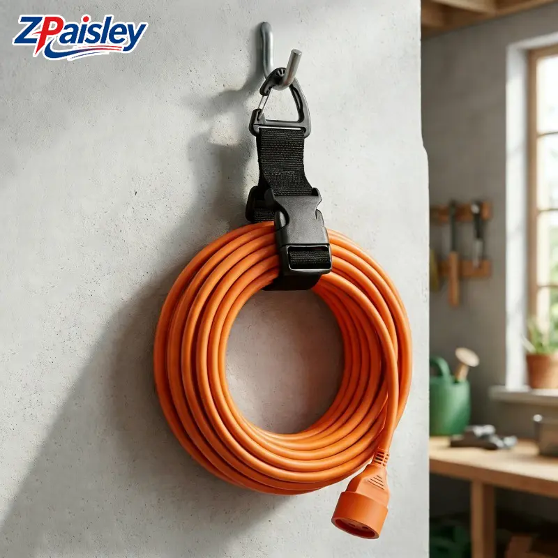 4Pcs Extension Cord Organizer Heavy Duty Storage Straps with Carabiner, Reinforced Cable Wrap with Quick Release Buckle, Space Saving Reusable Cord Holder for Hoses, Ropes, Garage Workshop RV Tool Organization