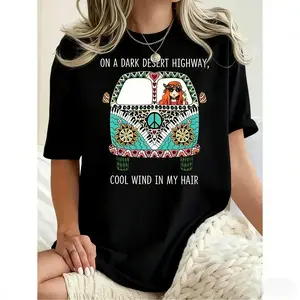 🌈🎵[100% Cotton][Graphic Tee]Colorful Bohemian Graphic T-Shirt for Men Women – Hippie Bus Desert Design Tee, Dark Desert Highway Quote Shirt, Soft Cotton Breathable Casual Top, Oversized Boho Streetwear, Trendy Summer Outfit, Aesthetic Travel Gift