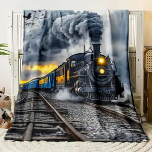 1pc Steam Train Printed Soft and Warm Blanket-Lightweight Flannel Throw Suitable for beds and sofas can also be given as a gift, Climbing Flannel Fabric Printing Blankets, Perfect Gift for Family or Friends