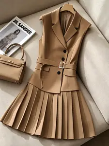Two piece set of women's fashionable light mature style vest suit vest+pleated skirt with belt commuting dating temperament set, suitable for summer, exquisite dating, best friend afternoon tea, restaurant dinner, light holiday travel