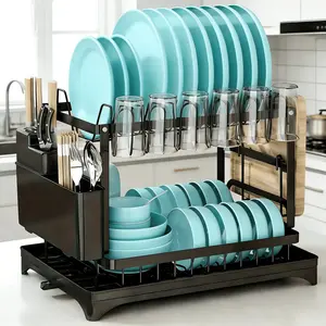 2-Tier Dish Drying Rack with Drain Tray, Large Capacity Kitchen Counter Organizer, Black Stainless Steel, Rust-Resistant, Holds Plates, Cups, Bowls, Utensils, and Cutting Boards, Easy to Assemble