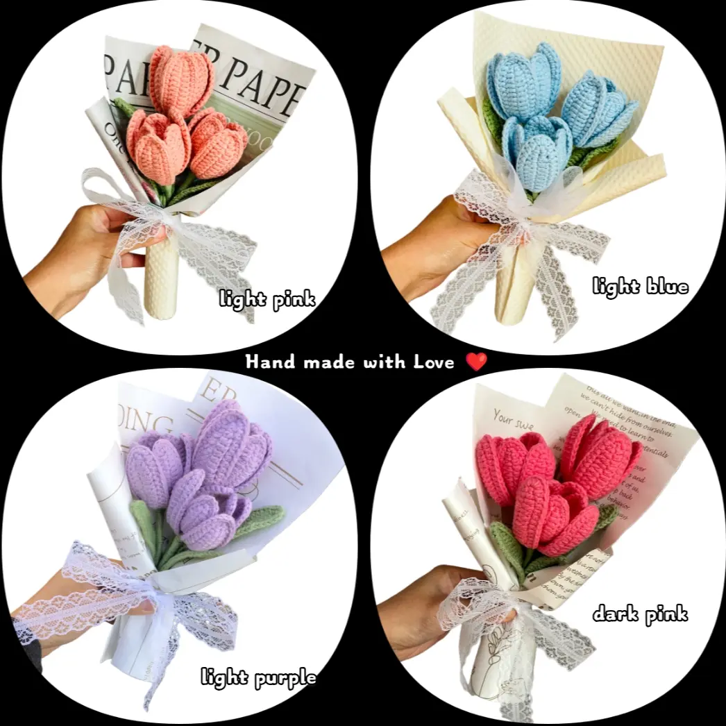 Handmade Crochet Tulip Bouquet Gift for Loved Ones, Artificial Flower Arrangement for Parties, Memorial Day Present, Christmas & Valentine's Day