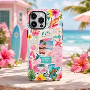 Coastal Collage Phone Case, Tropical Beach iPhone Case, Pastel Seashell Floral Case, Touch and MagSafe Options