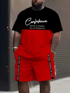 Men's 3D Large Size Sportswear Set, Colorblock Print Short Sleeve T-Shirt and Drawstring Shorts, Summer Two-Piece
