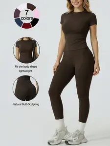 Two Piece Set, Sweatsuit Set, Stretchy Suit Set Women's Summer Solid Color Loungewear Set Crew Neck Short Sleeve Long Pants Soft Comfortable Butt Lifting Tummy Control Yoga Fitness Activewear Breathable Home Outdoor Casual Pajamas Set