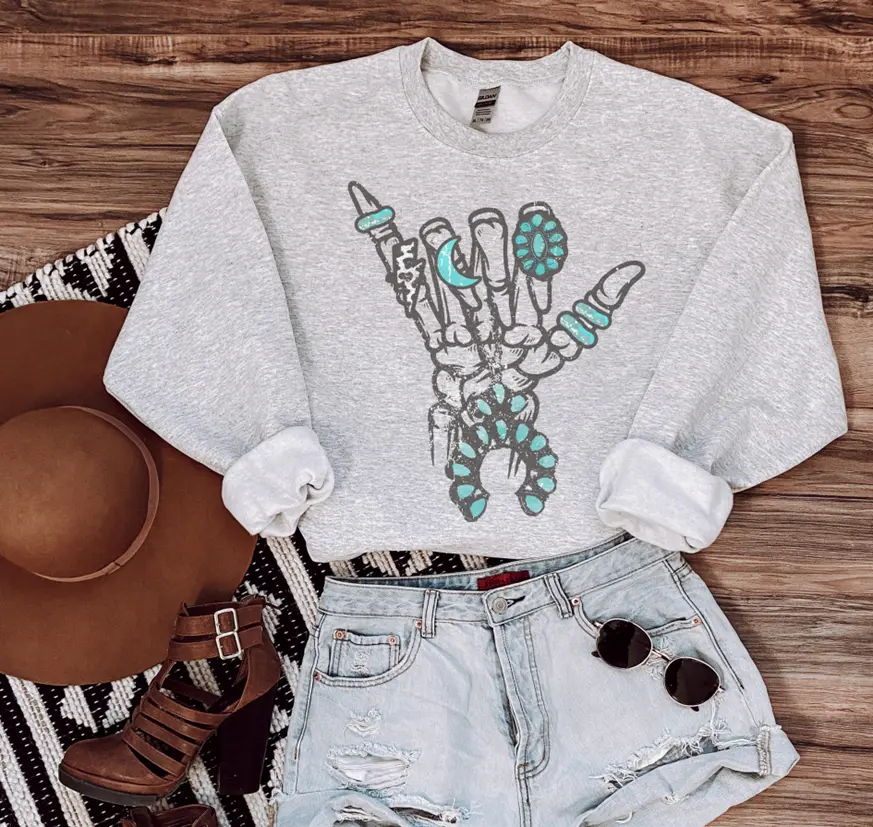 Vintage Western Sweatshirt Boho Southwest Turquoise Skeleton Sweatshirt Skeleton Hand Turquoise Pullover Rocker Skeleton Hand Sweatshirt Turquoise Jewelry Southwest Pullover Womens Country Sweatshirt Crewneck Casual